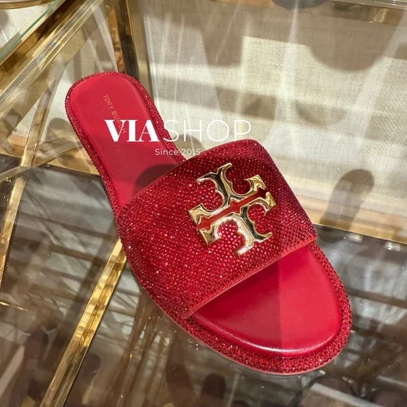 Tory Burch‎ Everly Rhinestone Slides, Red, HOLIDAY EDITION - Picture 2 of 10